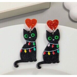 Red Heart Glitter Black CAT with Christmas Lights Wrapped Around
